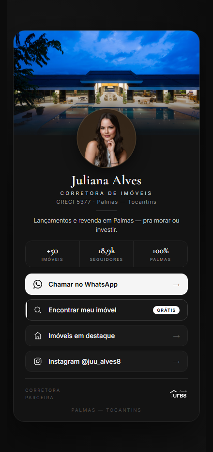 Bio premium da Juliana Alves — a página completa no ar, do jeito que o cliente vê